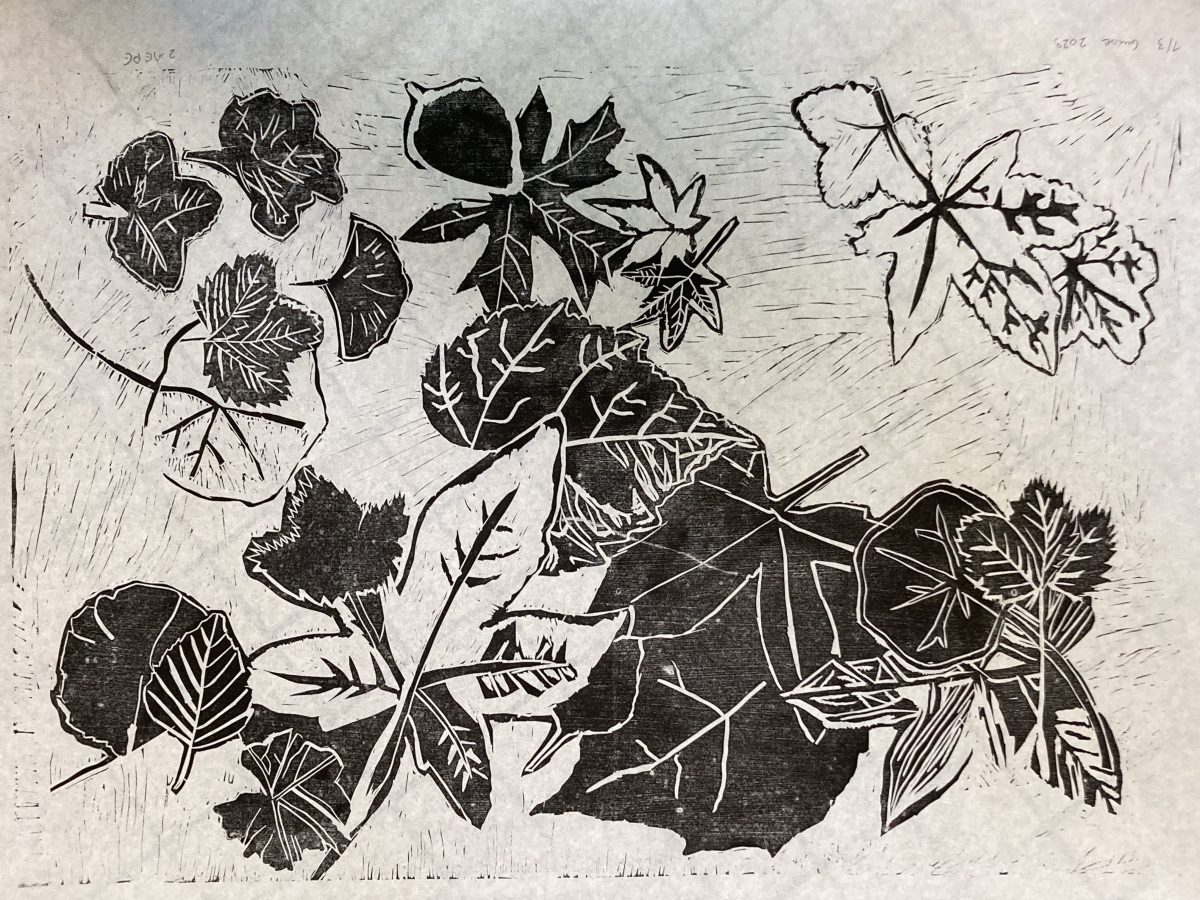 A black and white print of leaves and stems. Four small leaves fill the upper left corner and an acorn is printed in the center, to the right of the small leaves. On the right corner there are three leaves that are outlined. Other leaves cover the lower part of the page and are darkened with ink.