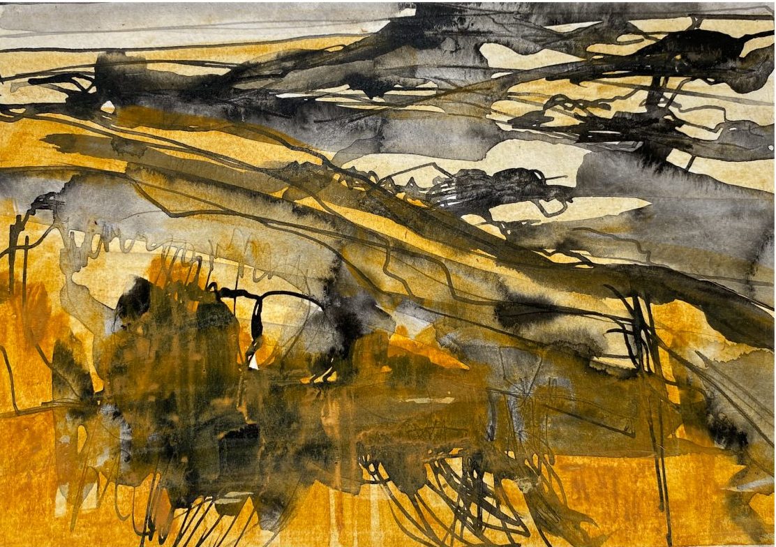 Waterford Road view. Medium: Ink, earth pigment, glair. Landscape in ochre clay pigment and black ink washes. Strong horizontal and diagonal lines, and contrast between shades articulate a landscape of hills and trees looking out to the ocean.