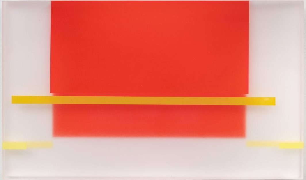 Summer Tanager: An abstract painting using the colors found on the bird painted on a semi-translucent panel. Bright orange and yellows appear to move on the panel as the viewer moves.